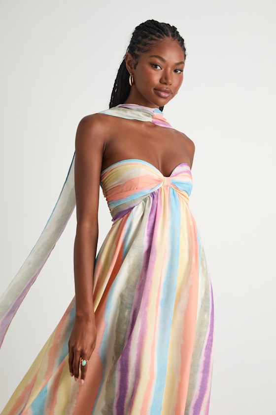 Kelia Light Yellow Leaf Print Midi Dress and Scarf Set