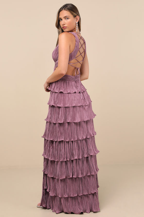 Beauty Icon Pink Satin Pleated Tiered Lace-Up Maxi Dress