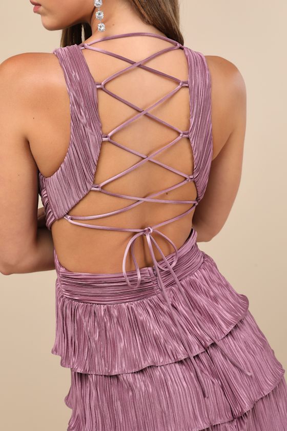 Beauty Icon Lavender Satin Pleated Tiered Lace-Up Maxi Dress