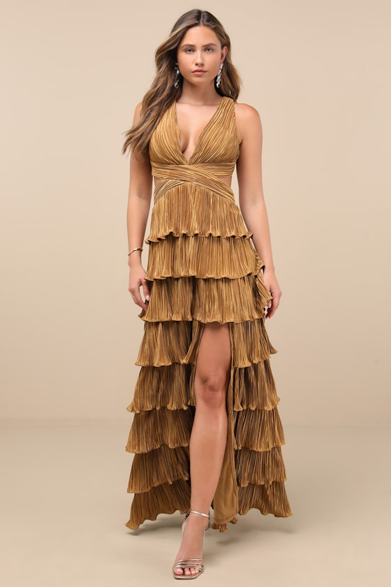 Beauty Icon Lavender Satin Pleated Tiered Lace-Up Maxi Dress