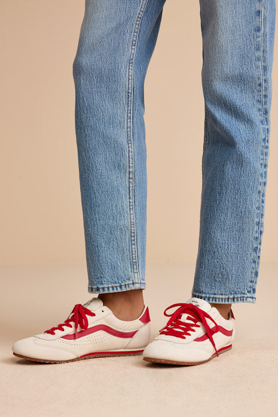 Super Lowpro Marshmallow and Racing Red Suede Leather Sneakers