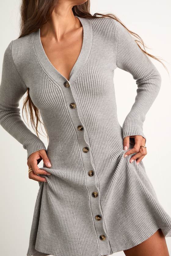 Adorably Flirty Heather Grey Button-Front Sweater Mini Dress