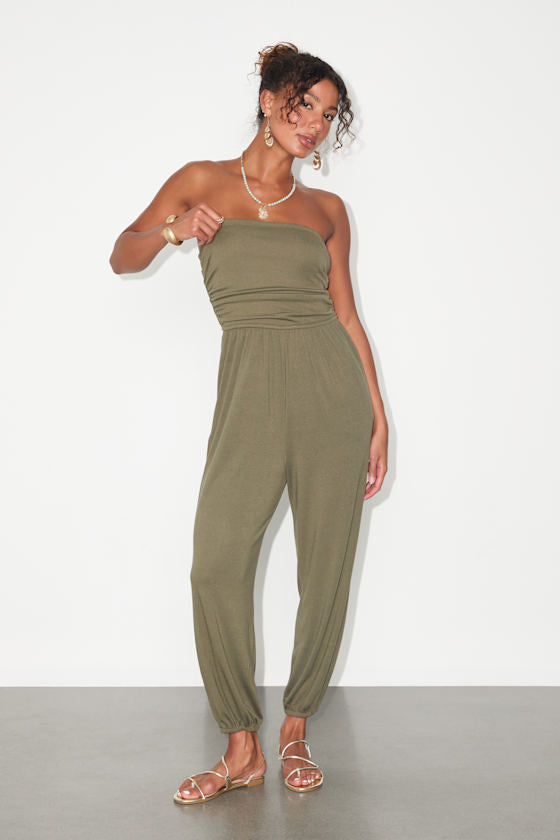 Flawless Comfort Black Ruched Strapless Jogger Jumpsuit