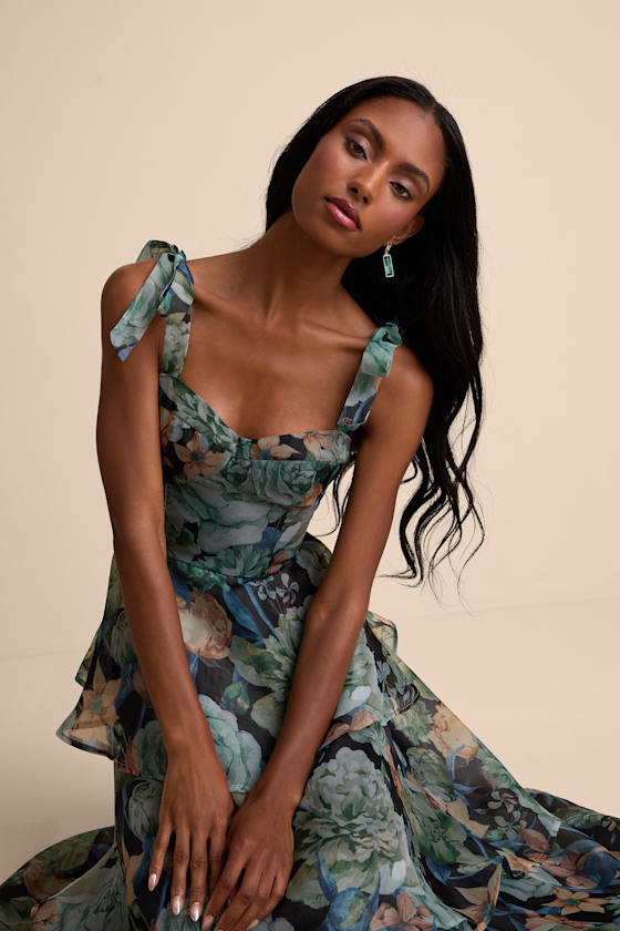 Playfully Posh Blue Floral Organza Tie-Strap Tiered Midi Dress