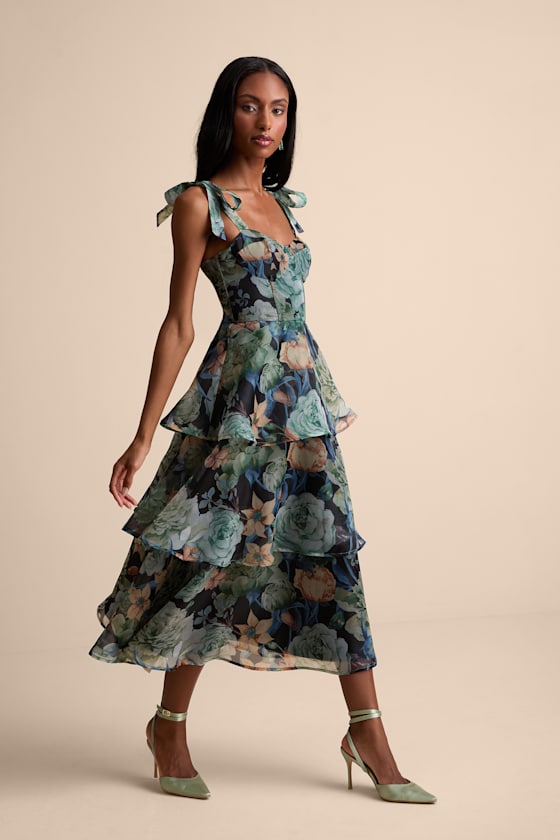 Playfully Posh Blush Floral Organza Tie-Strap Tiered Midi Dress
