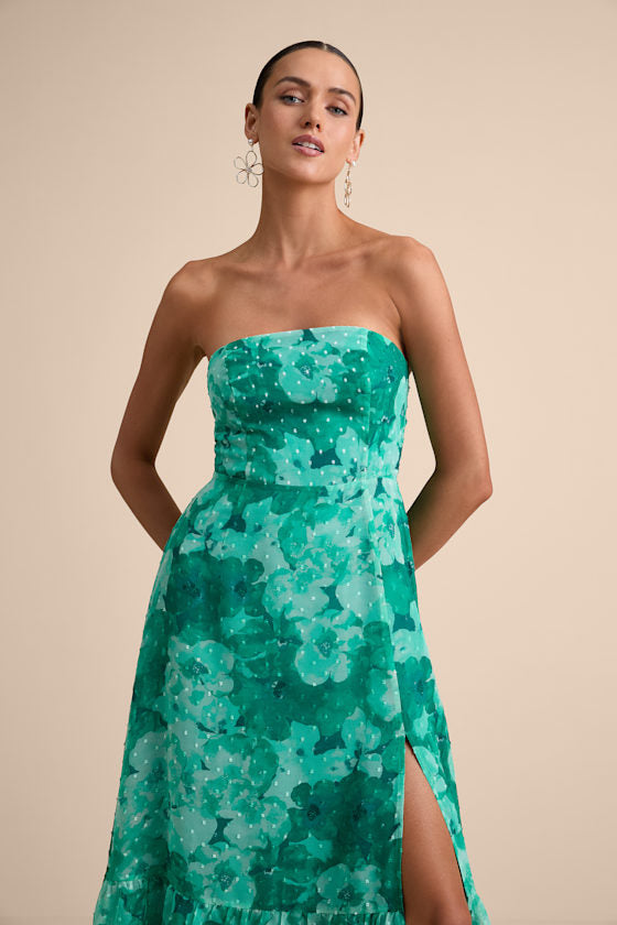 Bright Perspective Plum and Orange Floral Strapless Midi Dress