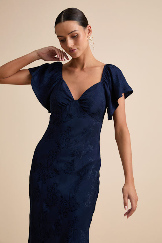 Effervescent Afternoon Slate Satin Flutter Sleeve Midi Dress