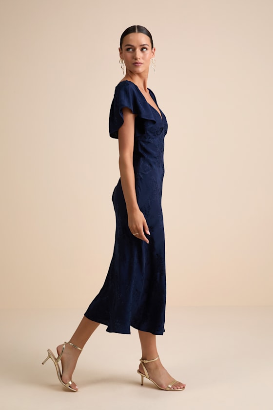 Effervescent Afternoon Slate Satin Flutter Sleeve Midi Dress