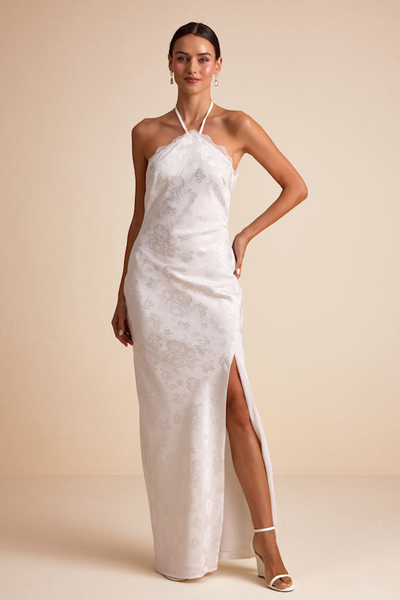 Emeris White Satin Jacquard Lace Halter Maxi Dress