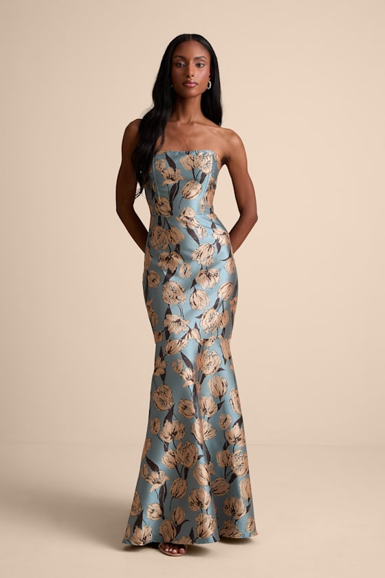 Gowning Around Sage Floral Jacquard Strapless Maxi Dress