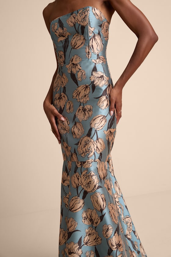 Gowning Around Yellow Floral Jacquard Strapless Maxi Dress
