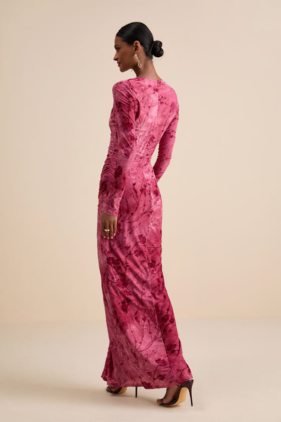 Dynamic Sensation Dark Mauve Floral Velvet Burnout Maxi Dress