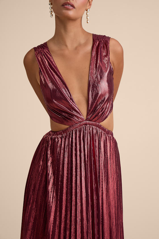 Shining Luxury Bronze Metallic Lurex Cutout Maxi Dress