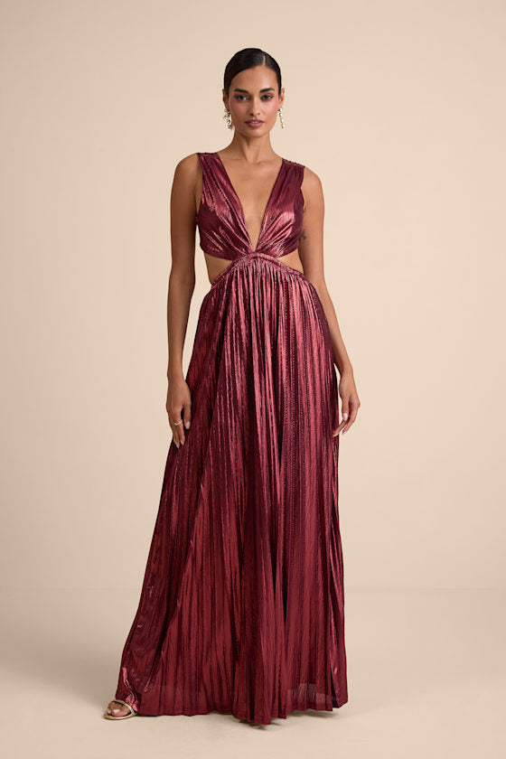 Shining Luxury Bronze Metallic Lurex Cutout Maxi Dress
