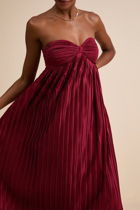 Whimsical Beauty Black Satin Plisse Strapless Maxi Dress
