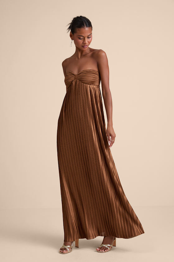 Whimsical Beauty Black Satin Plisse Strapless Maxi Dress