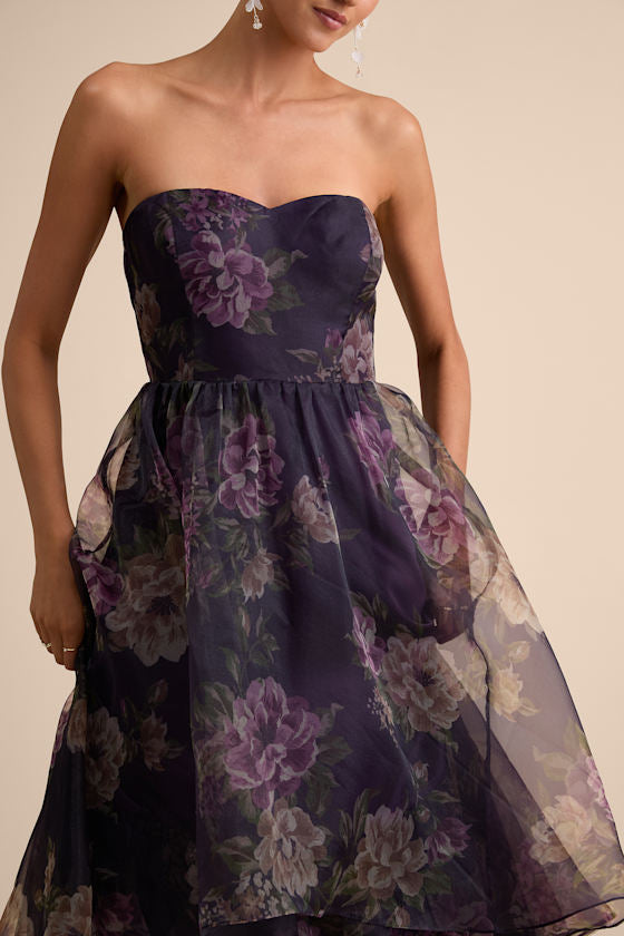 Truly Extraordinary Pink Floral Organza Strapless Maxi Dress