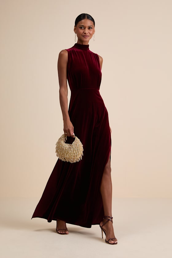Classic Elegance Brown Velvet Sleeveless Mock Neck Maxi Dress
