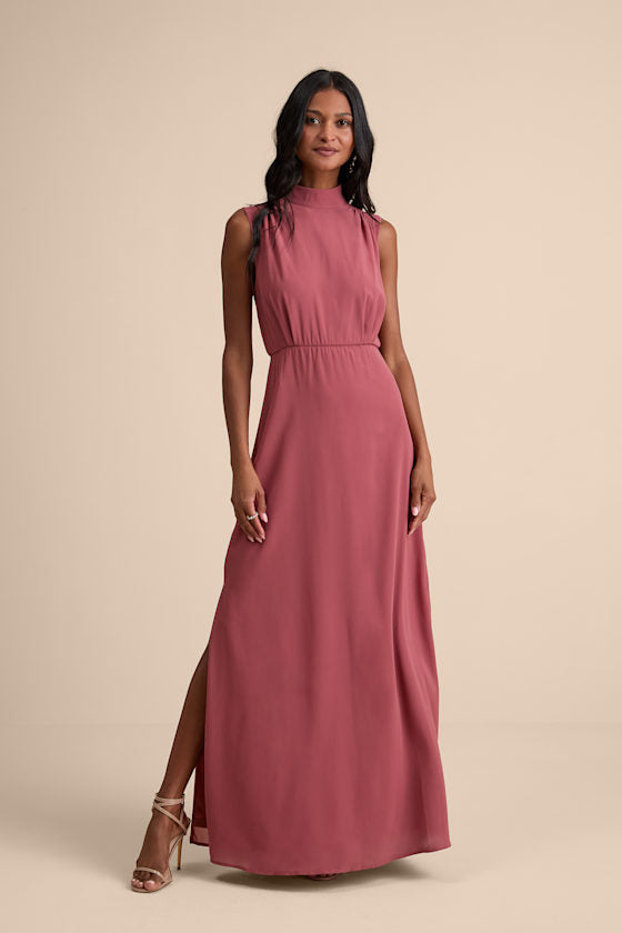 Classic Elegance Black Chiffon Sleeveless Mock Neck Maxi Dress