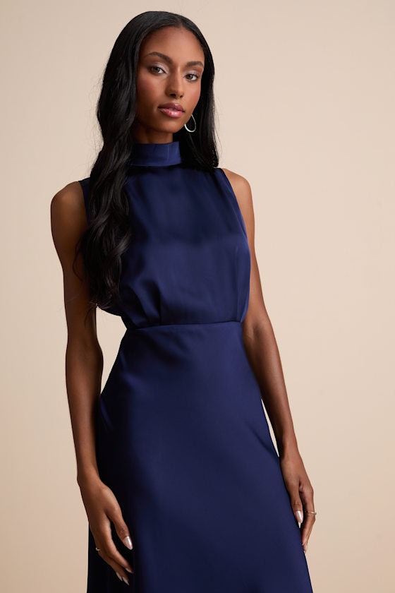 Classic Elegance Blush Satin Sleeveless Mock Neck Maxi Dress