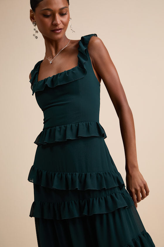 Compelling Romantic Dark Blue Ruffled Tiered Maxi Dress