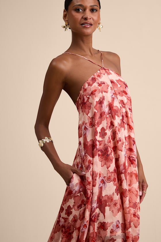 Dezzi Green Multi Floral Halter Shift Maxi Dress