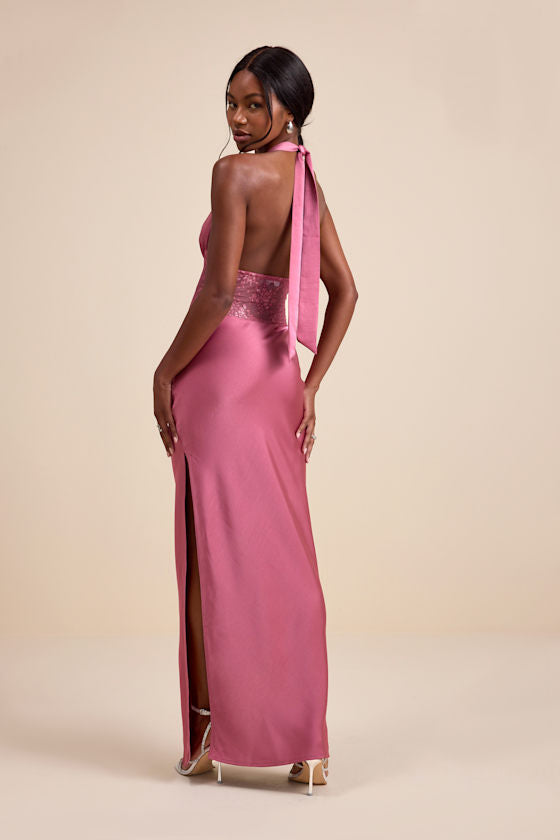 Lennon Black Satin Lace Halter Maxi Dress