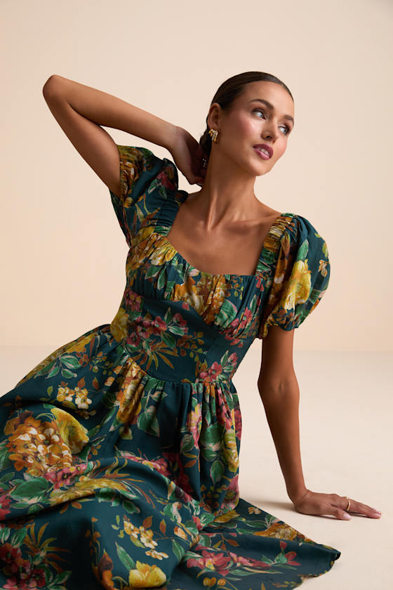 Adorable Tendencies Dark Grey Floral Puff Sleeve Midi Dress
