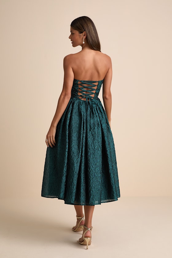 Analeia Rust Jacquard Lace-Up Strapless Midi Dress
