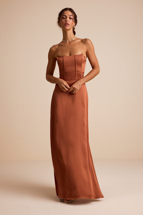 Extraordinary Presence Dark Green Satin Strapless Maxi Dress
