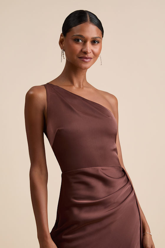 Signature Elegance Olive Green Satin One-Shoulder Maxi Dress