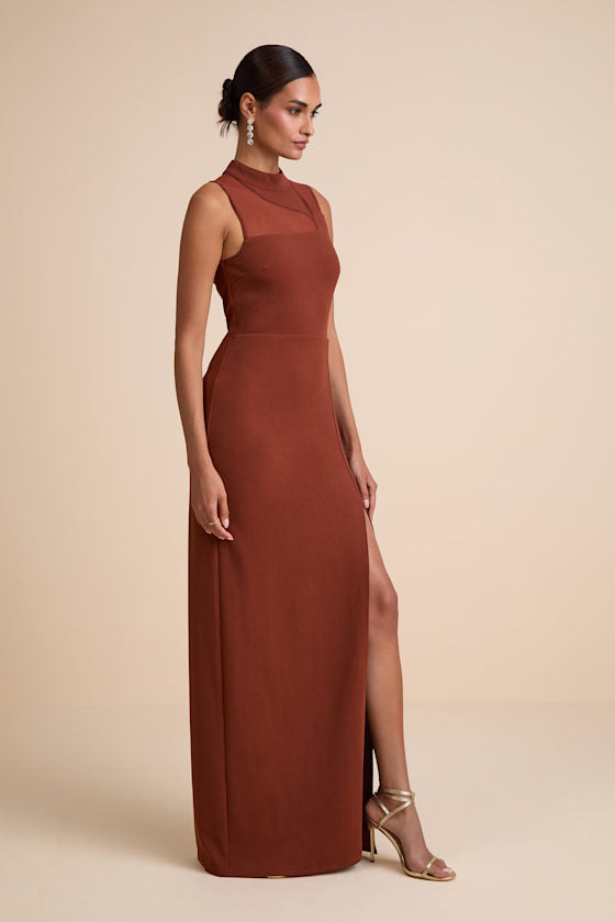 Irresistibly Modern Black Mesh Mock Neck Maxi Dress