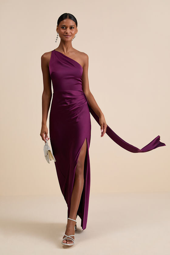 Signature Elegance Olive Green Satin One-Shoulder Maxi Dress