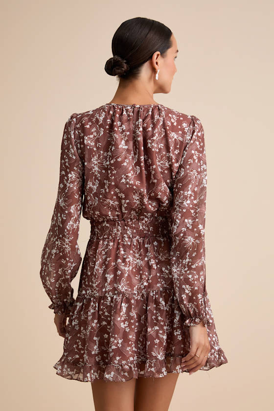Too Cute Navy Blue Floral Print Smocked Long Sleeve Mini Dress