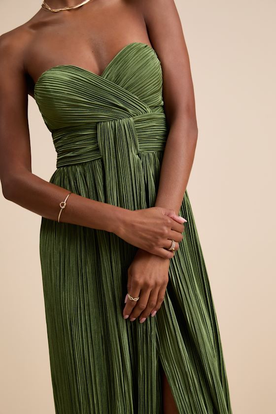 Oswin Light Blue Satin Plisse Strapless Maxi Dress