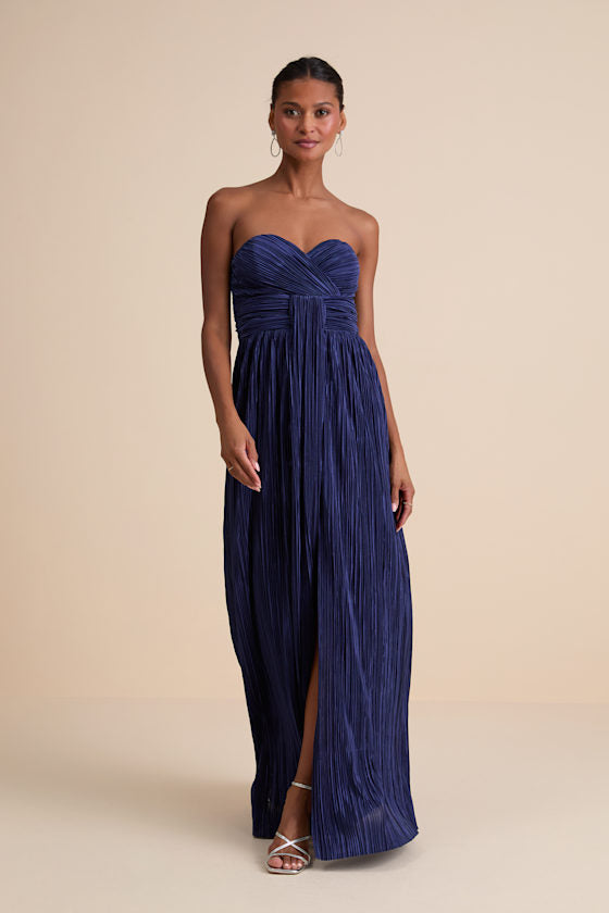 Oswin Lime Green Satin Plisse Strapless Maxi Dress