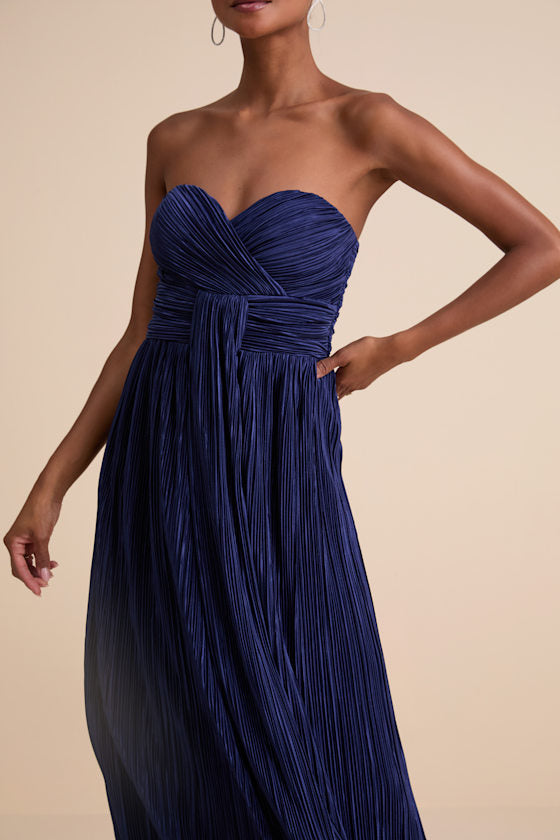 Oswin Lime Green Satin Plisse Strapless Maxi Dress