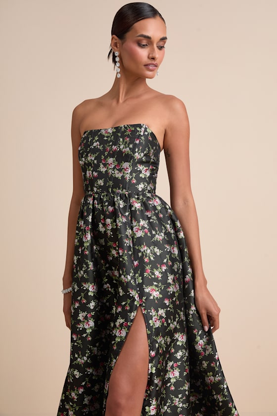 Rainie Cream Floral Jacquard Strapless Lace-Up Maxi Dress