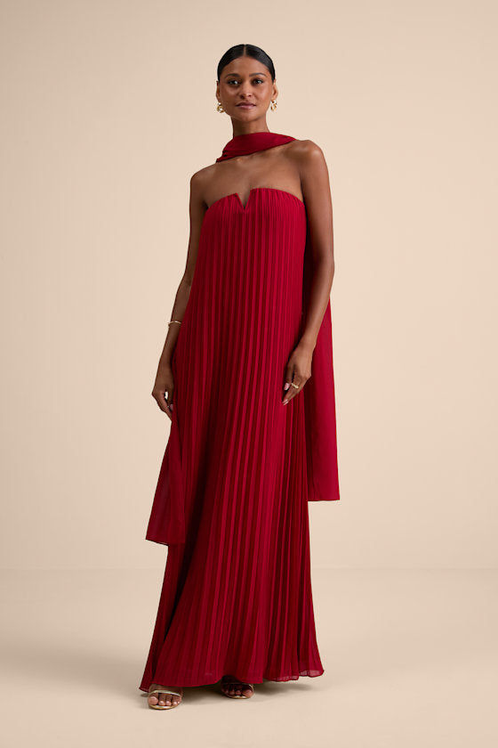 Lael Green Pleated Strapless Dress and Scarf Set