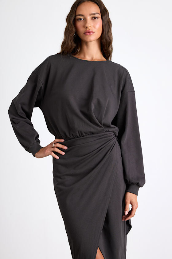 Eunia Brown Jersey Knit Long Sleeve Wrap Midi Dress