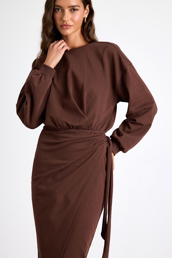 Eunia Charcoal Grey Jersey Knit Long Sleeve Wrap Midi Dress