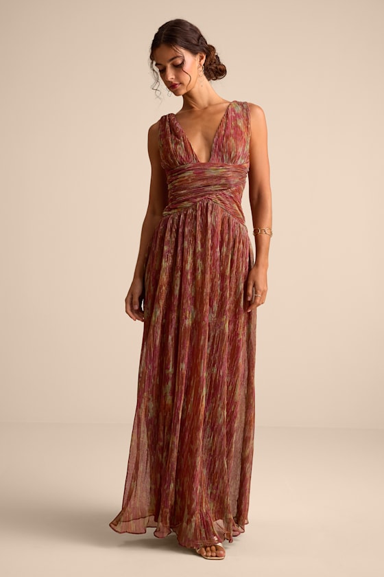 Evaluna Purple Abstract Print Lurex Pleated Maxi Dress