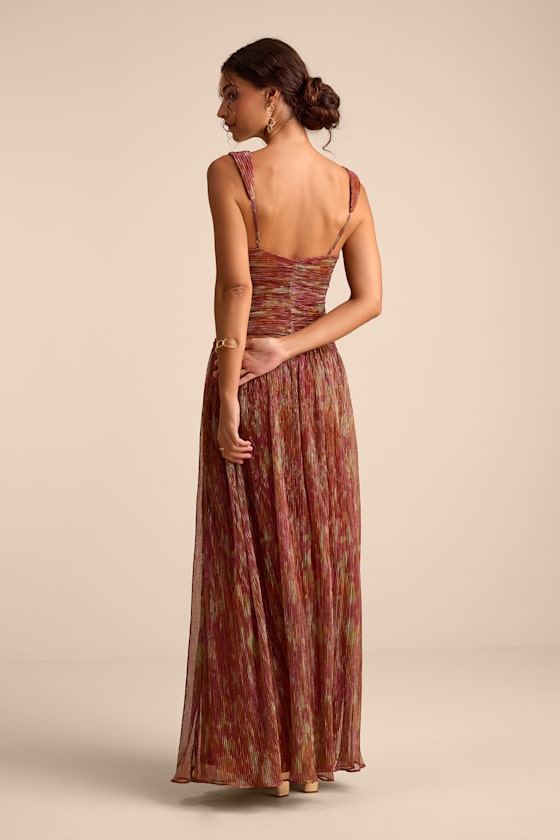 Evaluna Purple Abstract Print Lurex Pleated Maxi Dress