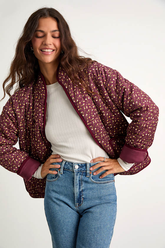 Bundled Perfection Burgundy Floral Quilted Puffer Jacket