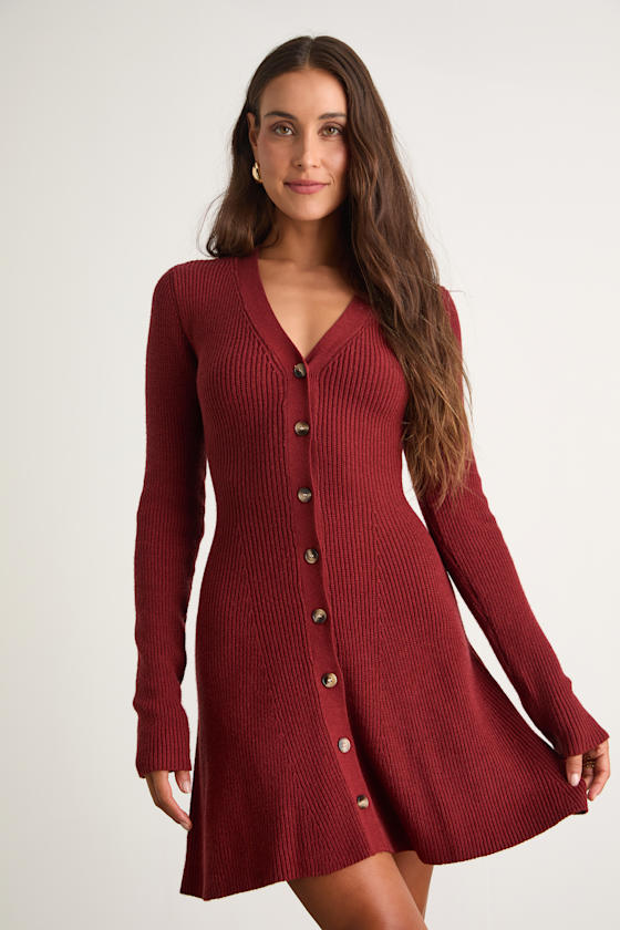 Adorably Flirty Heather Grey Button-Front Sweater Mini Dress