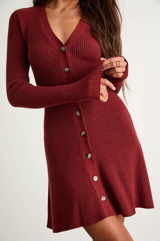Adorably Flirty Mauve Pink Button-Front Sweater Mini Dress