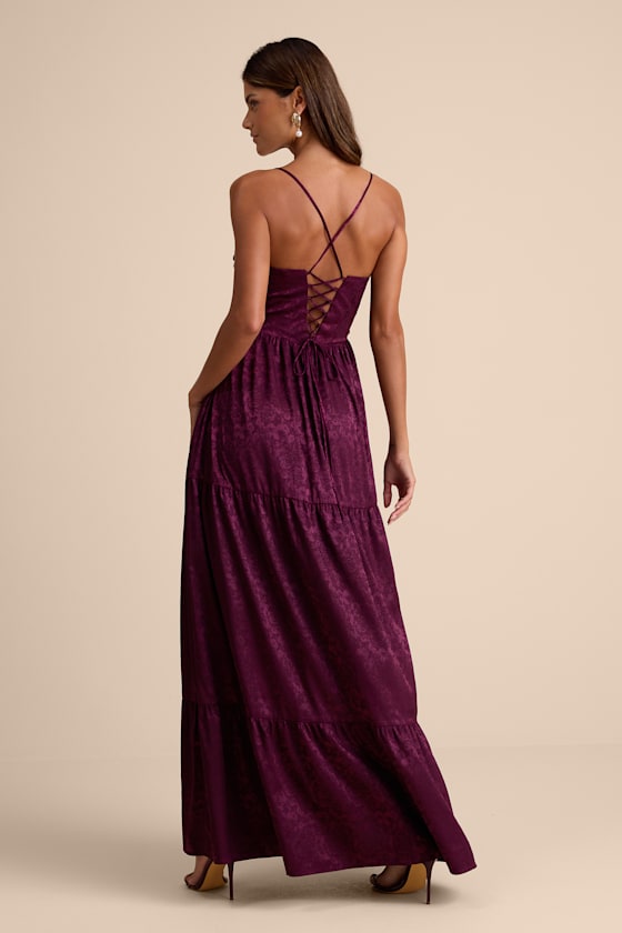 Vasilia Plum Purple Satin Jacquard Tiered Corset Maxi Dress