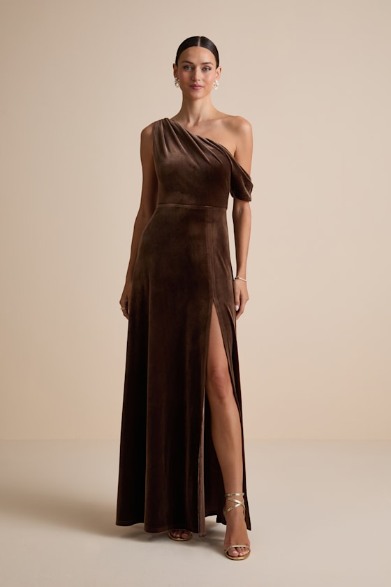Coveted Confidence Rust Orange Velvet Asymmetrical Maxi Dress