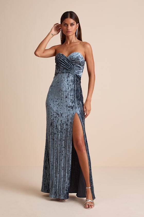 Classy Sensation Olive Velvet Pleated Strapless Maxi Dress