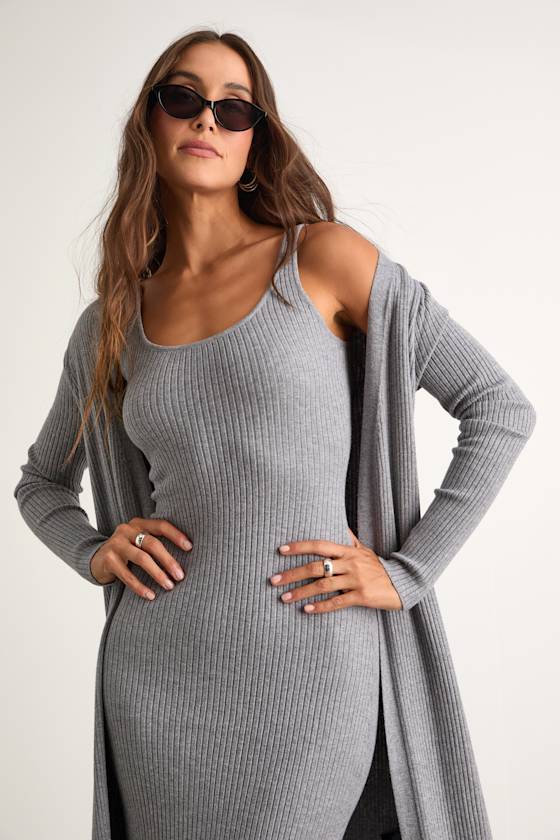 Layer Lover Beige Ribbed Knit Two-Piece Dress & Cardigan Set